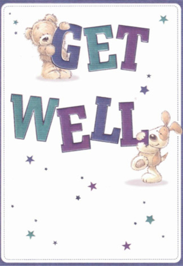 In this illustrated get well card, the atmosphere is rich with the warmth of Byfleet's caring community. A fluffy bear-a vision of soft ochre fur-sits contentedly atop the word 'GET', eyes twinkling with a gentle smile that promises comfort ahead. Close by, a floppy-eared puppy, rendered with visible brushstrokes, presses affectionately close to 'WELL', as if pledging steadfast support. The tactile quality is almost tangible, each animal's coat depicted so realistically that you can imagine their comforting embrace-much like the feeling of fresh petals arranged in a village florist's shop beside Byfleet Green. Starbursts, playful yet serene, drift across the clean white background, their blues and purples evoking a sense of peaceful recovery. The bold, inviting letters, awash in shades of amethyst and turquoise, lend the card a sense of celebration and uplift. There's a quiet artistry here, present in every stroke and colour choice, that echoes the heart Flowers Byfleet pours into every bouquet for local delivery. This card serves as a vibrant ambassador of hope, blending innocence, artistry, and the supportive spirit of Byfleet into a message that encourages and heals.
